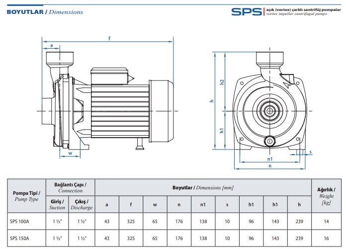 star pompa SPS100A-150A BOYUTLARI teknik çizimi ve ölçüleri